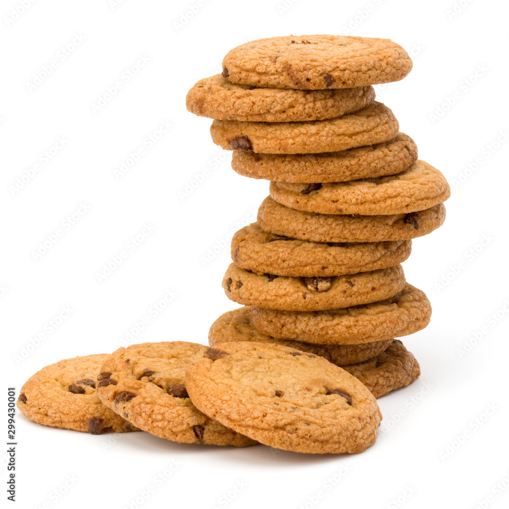 Stacked Chocolate chip cookies isolated on white background. Sweet biscuits. Homemade pastry. Stacked Chocolate chip cookies isolated on white background. Sweet biscuits. Homemade pastry.