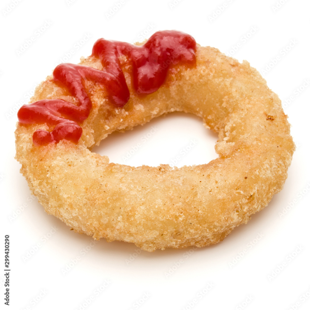 Crispy deep fried onion or Calamari ring with ketchup isolated on white background Crispy deep fried onion or Calamari ring with ketchup isolated on white background