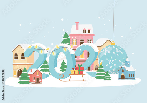new year 2020 greeting card decorative town lights trees and snow