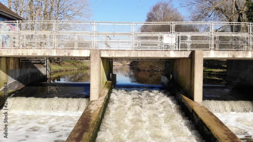 River Level Drone View Of Stoneleigh Wier, River Sowe, Warwickshire, Cine D. River Level Drone View Of Stoneleigh Wier, River Sowe, Warwickshire, Cine D.