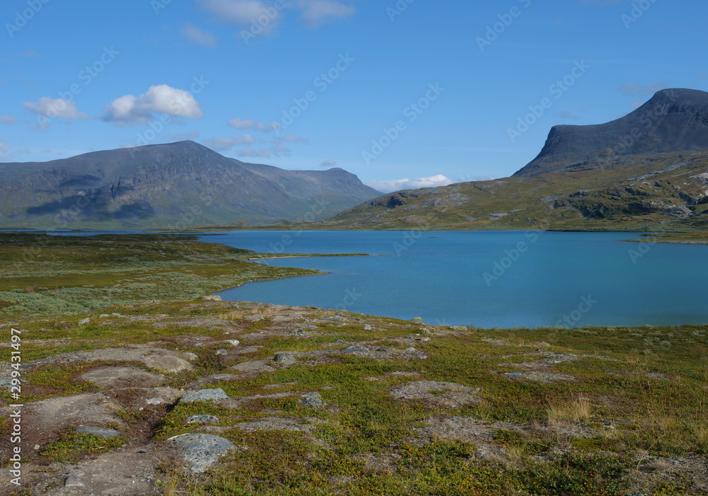 Lapland nature landscape with blue glacial lake Allesjok near Alesjaure, birch tree forest, snow capped mountains. Northern Sweden, at Kungsleden hiking trail. Summer sunny day