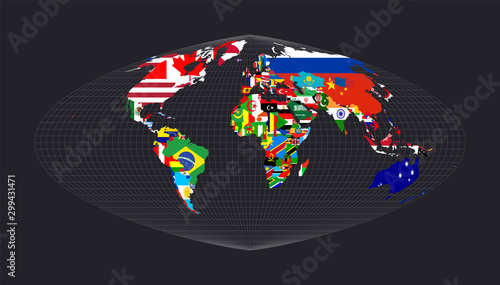Map of the world with flags. Boggs eumorphic projection. Map of the world with meridians on dark background. Vector illustration.