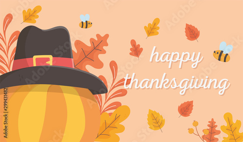 happy thanksgiving pumpkin with hat bees leaves celebration