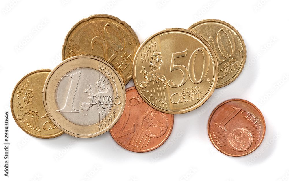 Euro coins isolated on white background closeup. Money concept. Top view, flat lay. - obrazy, fototapety, plakaty 