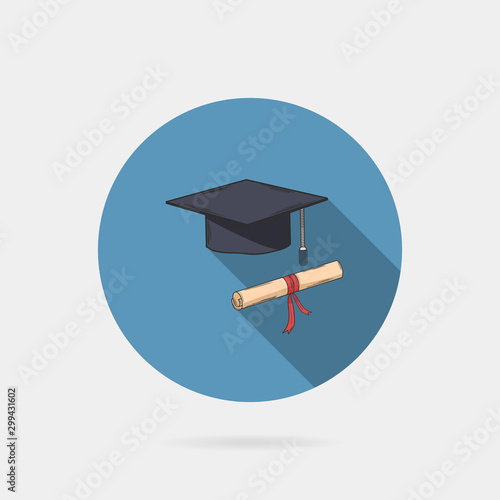 Vector icon of mortarboard or graduation cap and diploma