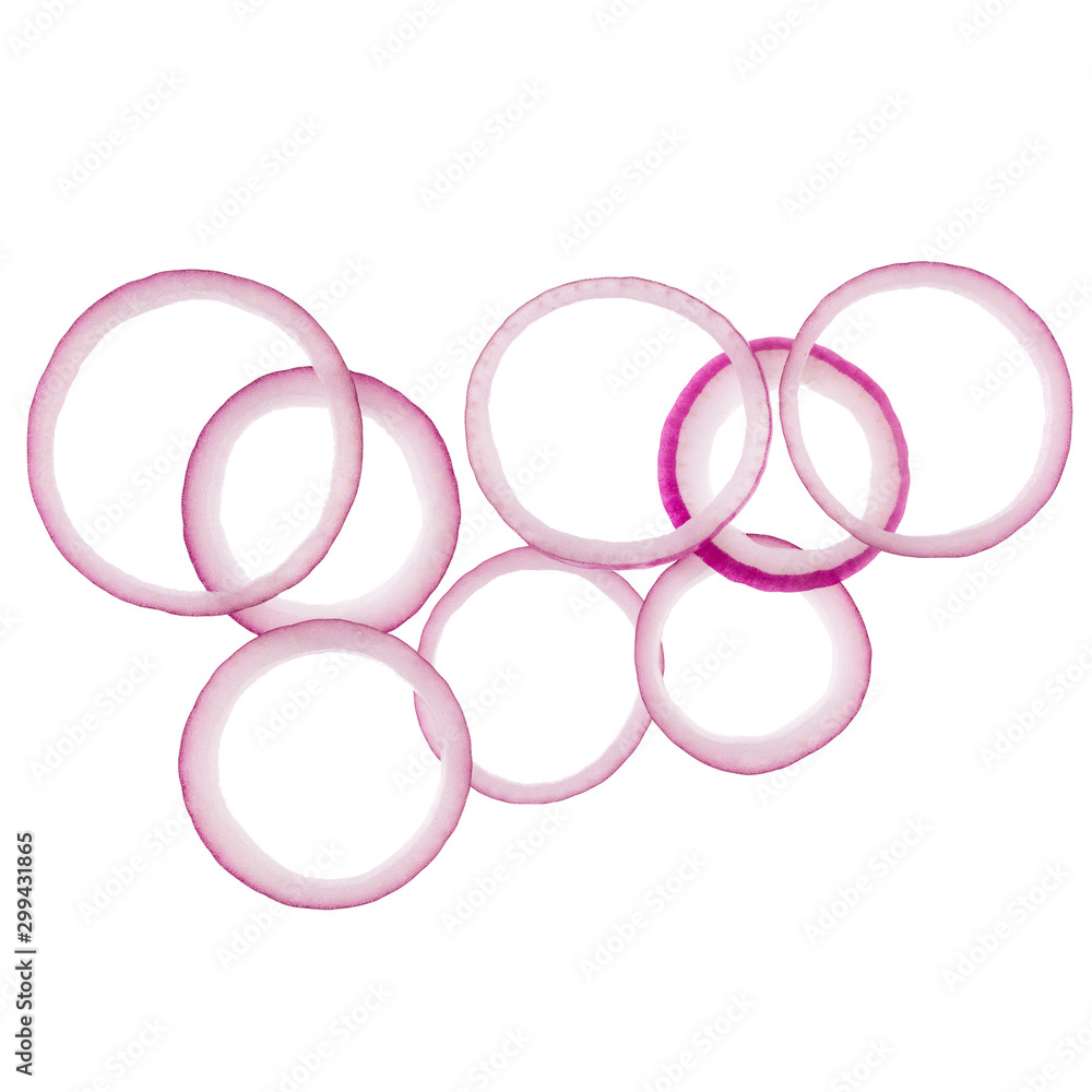 red onion slices isolated on white background. Top view. Flat lay. Red onion slice in air, without shadow. red onion slices isolated on white background. Top view. Flat lay. Red onion slice in air, without shadow.