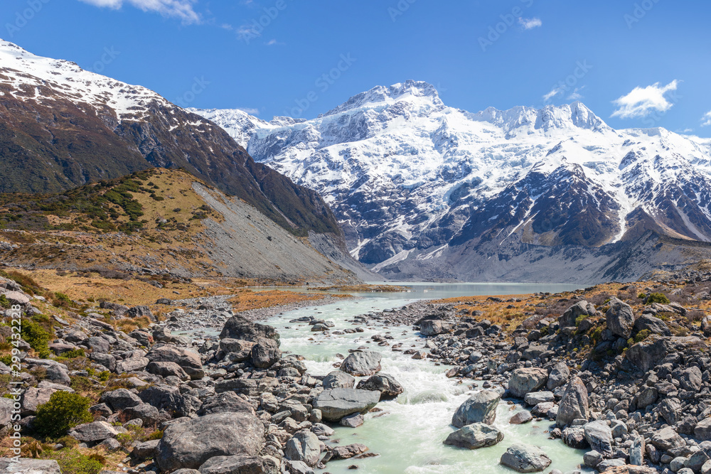 Mount Cook over glacial river, New Zealand