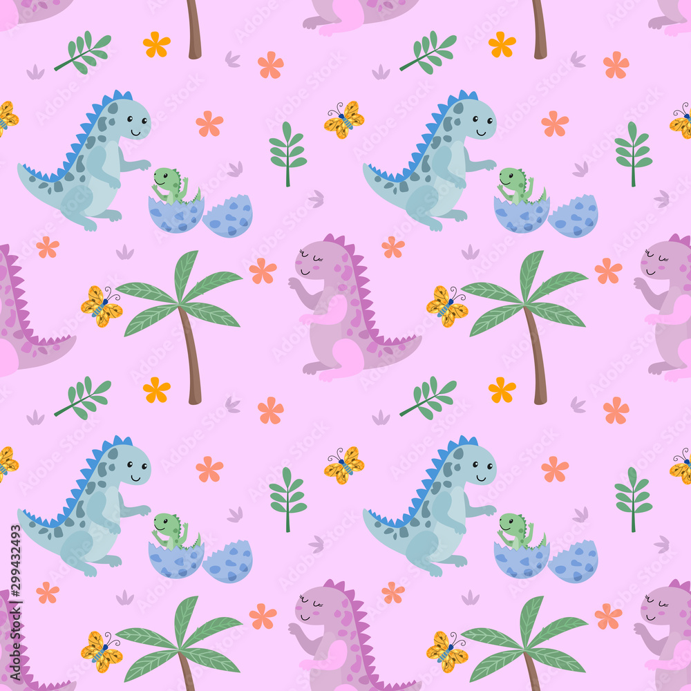 Obraz premium Cute dinosaur and butterfly seamless pattern.