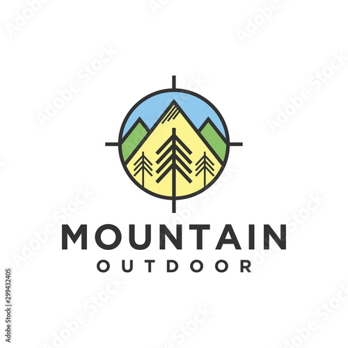 Outdoor rocky mountain nature logo - adventure wildlife pine tree forest design, hiking exploration nature, camping basecamp campfire alpine himalaya.