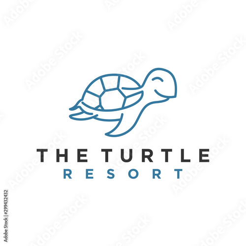 Turtle resort animal sea wild wildlife modern logo design simple minimalist blue  icon line style.