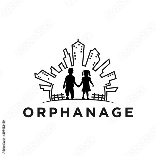 Orphanage logo silhouette little boys and girls hand in hand silhouette building city background simple minimalist icon symbol.