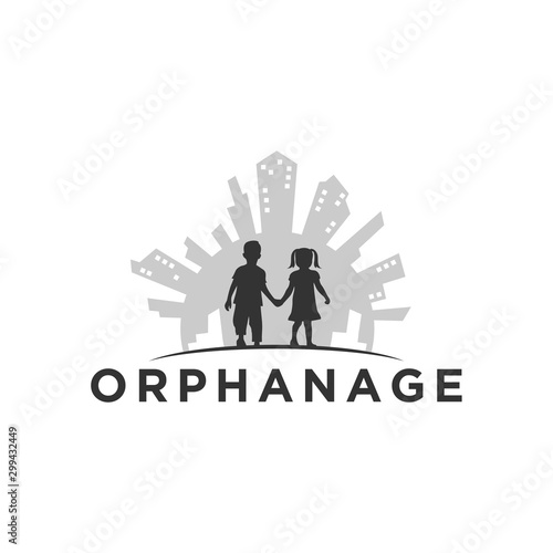 Orphanage logo silhouette little boys and girls hand in hand silhouette building city background simple minimalist icon symbol.