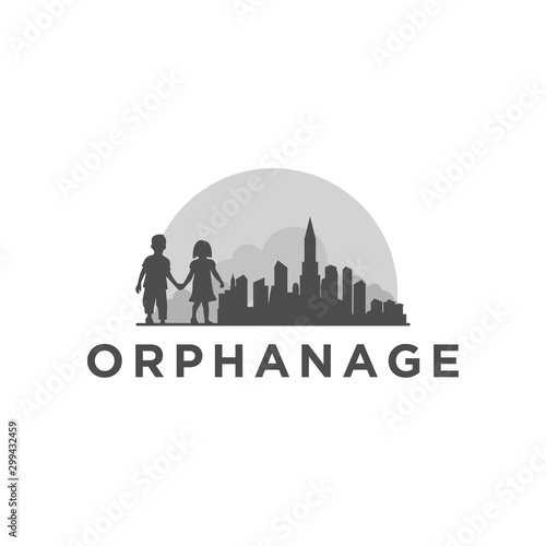 Orphanage logo silhouette little boys and girls hand in hand silhouette building city background simple minimalist icon symbol.