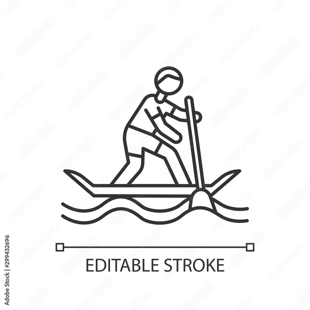 Paddle surfing linear icon. Thin line illustration. Sup boarding watersport, extreme kind of sport.Risky and adventurous leisure.Contour symbol. Vector isolated outline drawing. Editable stroke