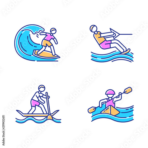 Watersports color icons set. Surfing, water skiing, rafting and sup boarding. Extreme kinds of sports. Summer vacation leisure, adventures. Ocean beach activities. Isolated vector illustrations