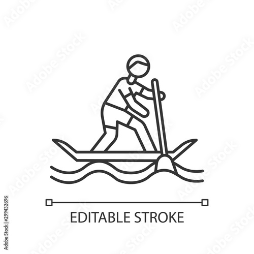Paddle surfing linear icon. Thin line illustration. Sup boarding watersport, extreme kind of sport.Risky and adventurous leisure.Contour symbol. Vector isolated outline drawing. Editable stroke