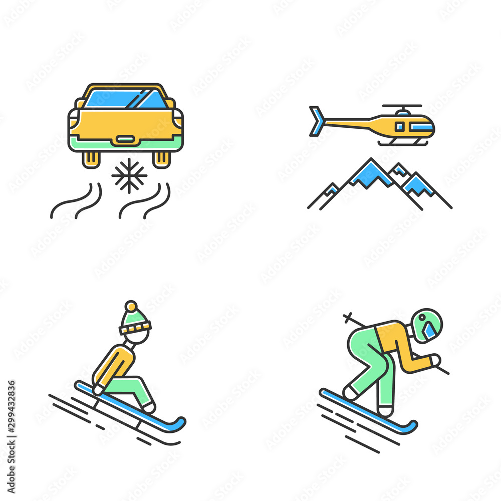 Extreme winter activity color icons set. Risky sport hobby, adventure. Cold season outdoor leisure and recreation. Ice driving, sledding and heli skiing. Isolated vector illustrations