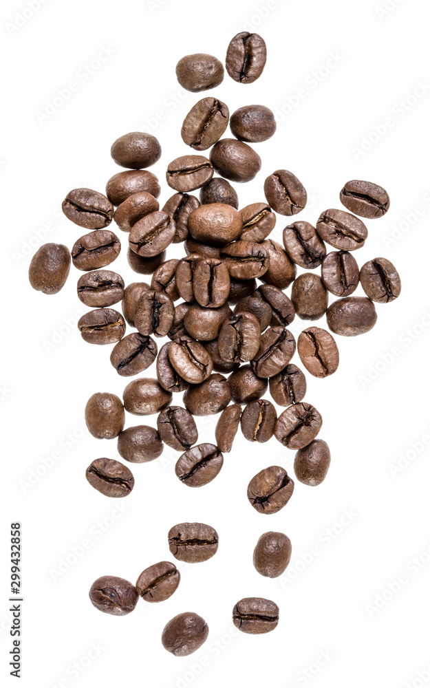 Naklejka premium Coffee beans isolated on white background. Top view. Flat lay. Coffee beans flow in air, without shadow.