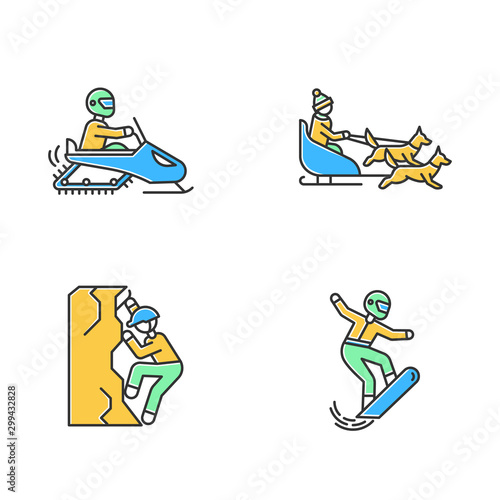 Extreme winter activity color icons set. Risky sport, adventure. Cold season outdoor leisure. Snowboarding, ice climbing, snowmobiling and dog sledding. Isolated vector illustrations