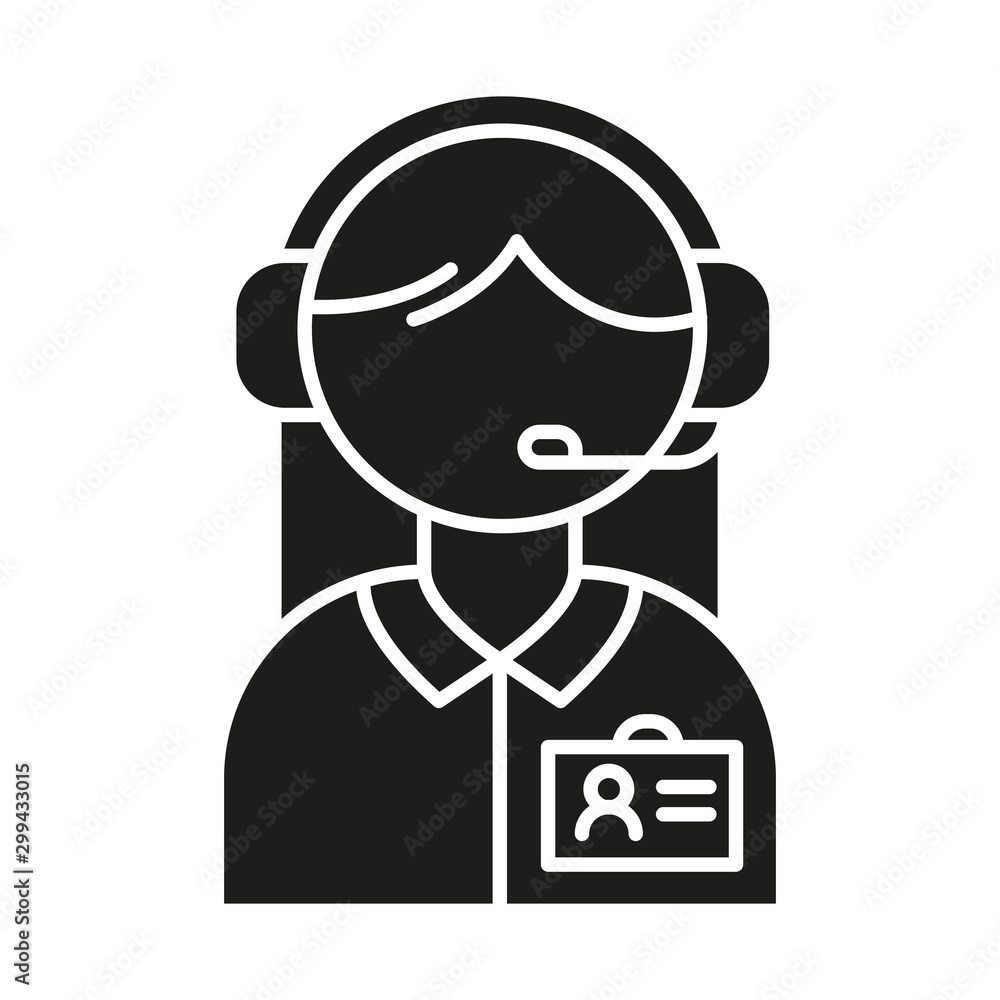 Consultant help glyph icon. Call center manager in headset. Phone dispatcher, customer support operator. Helpline and telemarketing. Silhouette symbol. Negative space. Vector isolated illustration