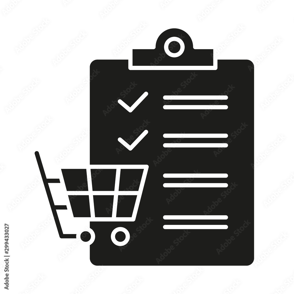 Shopping list glyph icon. Planning purchases in store. Adding products to trolley. Merchandise and consumerism. Checklist writing. Silhouette symbol. Negative space. Vector isolated illustration Shopping list glyph icon. Planning purchases in store. Adding products to trolley. Merchandise and consumerism. Checklist writing. Silhouette symbol. Negative space. Vector isolated illustration
