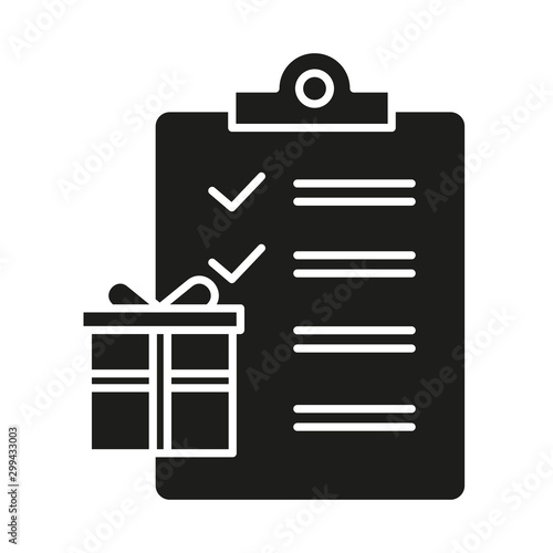 Gift list glyph icon. Merchandise and consumerism. Searching presents for holidays. Party celebration organization. Writing wish list. Silhouette symbol. Negative space. Vector isolated illustration