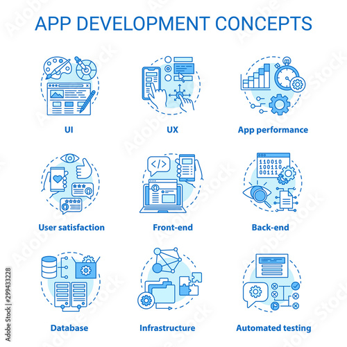 App development concept icons set. Software programming idea thin line illustrations. UI, UX design. Front-end, back-end. App performance management. Vector isolated outline drawings. Editable stroke