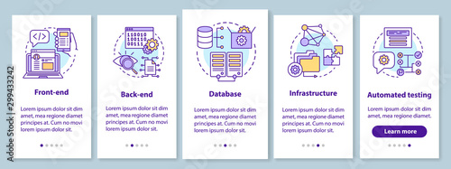 Front-end, back-end development onboarding mobile app page screen with linear concepts. Database programming walkthrough steps graphic instructions. UX, UI, GUI vector template with illustrations
