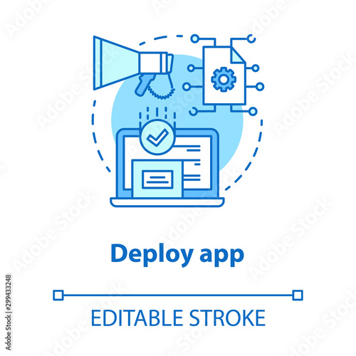 Deploy app concept icon. Software development tools idea thin line illustration. Mobile device programming and coding. Application management. Vector isolated outline drawing. Editable stroke