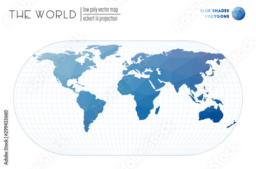 Polygonal map of the world. Eckert III projection of the world. Blue Shades colored polygons. Awesome vector illustration.