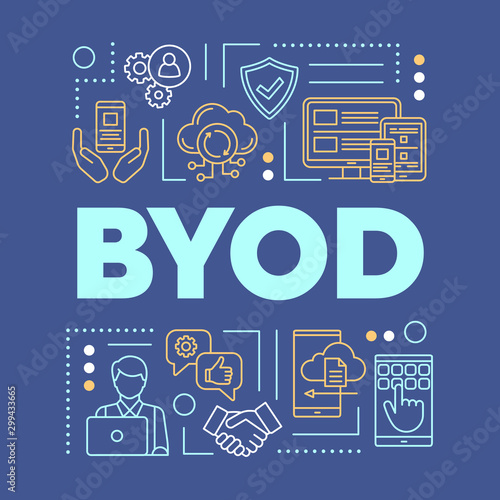 BYOD word concepts banner. Using personal gadgets on workplace. Bring your own device. Presentation, website. Isolated lettering typography idea with linear icons. Vector outline illustration photo