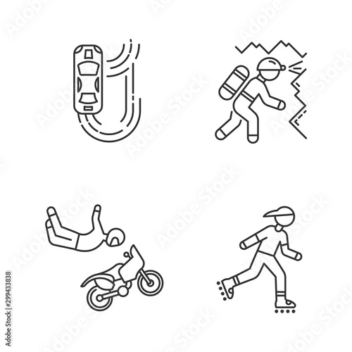 Extreme sports linear icons set. Auto racing. Caving, spelunking. Motorcycle stunt riding. Motocross. Inline skating. Thin line contour symbols. Isolated vector outline illustrations. Editable stroke