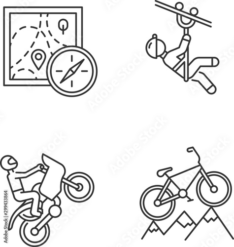 Extreme sports linear icons set. Foot orienteering. Zipline, canopy tour. Motocross racing. Mountain cycling. Thin line contour symbols. Isolated vector outline illustrations. Editable stroke