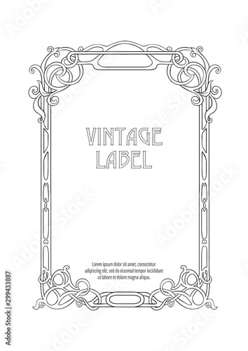Label, decorative frame, border. Good for product label. with place for text Outline hand drawing vector illustration. In art nouveau style, vintage, old, retro style. Isolated on white background..