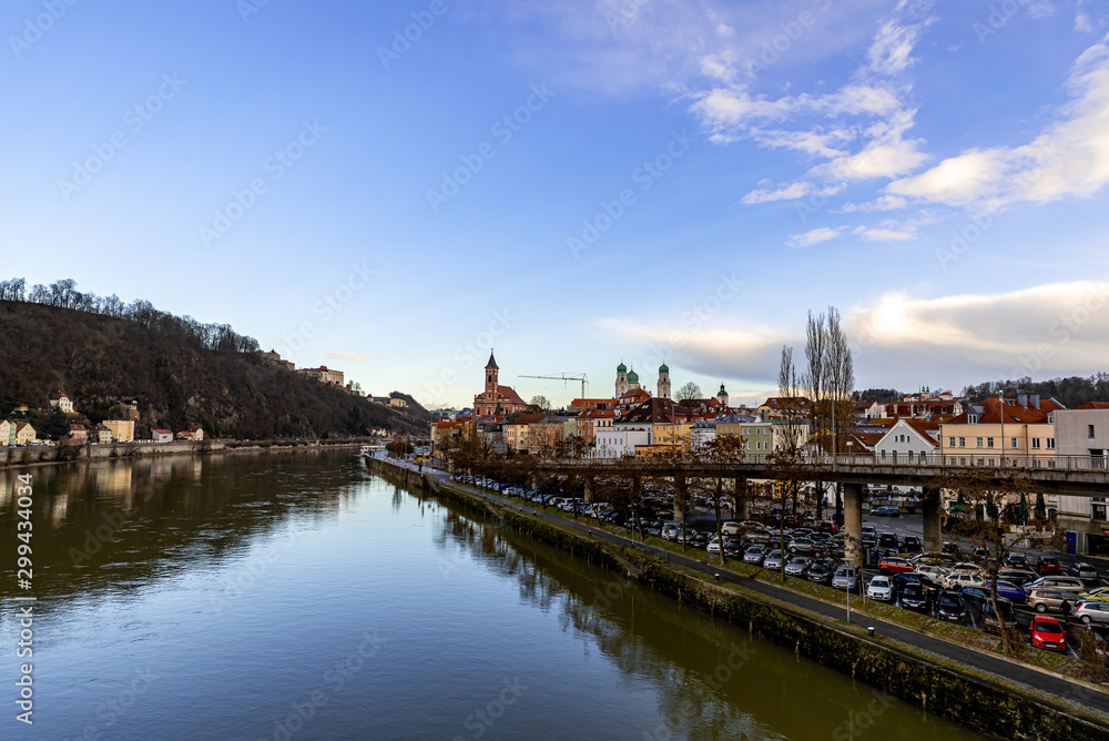 The old city centre of Passau with reflections