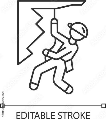 Mountain climbing linear icon. Mountaineering. Abseiling, rappelling. Spelunking. Alpinist sliding down rope. Thin line illustration. Contour symbol. Vector isolated outline drawing. Editable stroke