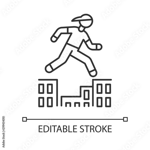 Parkour linear icon. Traceur running in city environment. Traversing obstacles. Person jumping in urban space. Thin line illustration. Contour symbol. Vector isolated outline drawing. Editable stroke