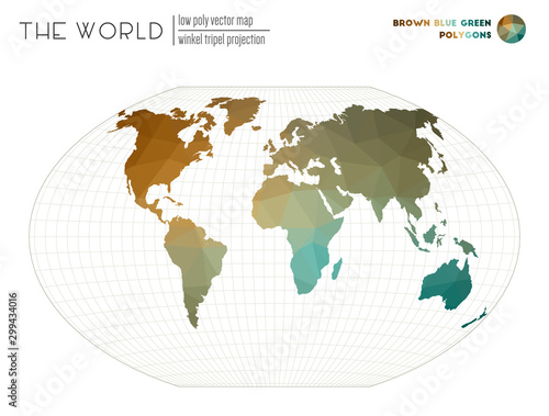 Low poly design of the world. Winkel tripel projection of the world. Brown Blue Green colored polygons. Trending vector illustration.