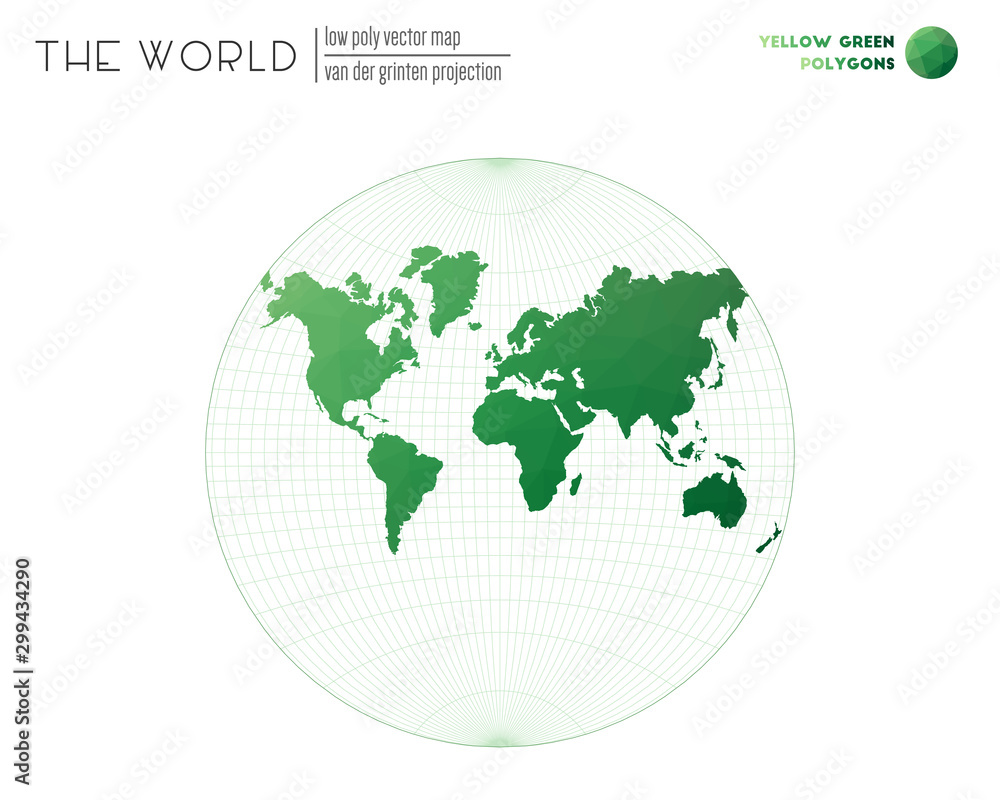 Low poly design of the world. Van der Grinten projection of the world. Yellow-Green colored polygons. Amazing vector illustration. Low poly design of the world. Van der Grinten projection of the world. Yellow-Green colored polygons. Amazing vector illustration.