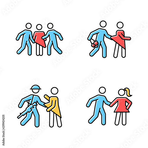 Different rape types color icons set. Sexual harassment of women. Date, statutory, war and gang rape. Sexual assaulted female victims. Victims of abuse. Isolated vector illustrations