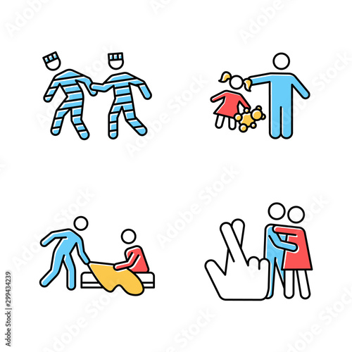 Different rape types color icons set. Prison, statutory, children, spousal rape. Sexual harassment of child, woman. Victims of abuse. Female victims of sexual assault. Isolated vector illustrations
