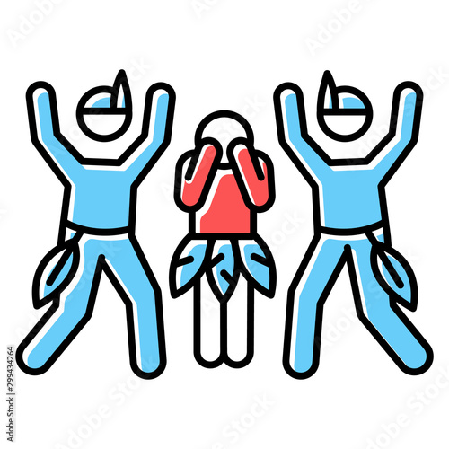 Ceremonial rape blue color icon. Women abuse, violent behavior. Payback rape in tribal customs and culture. Sexual harassment of females. Victim of assault. Isolated vector illustration