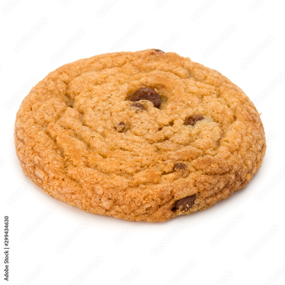 One Chocolate chip cookie isolated on white background. Sweet biscuit. Homemade pastry. One Chocolate chip cookie isolated on white background. Sweet biscuit. Homemade pastry.