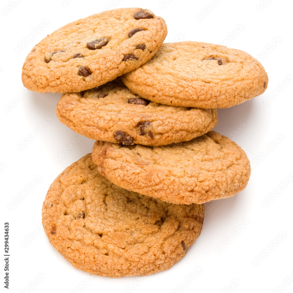 Chocolate chip cookies isolated on white background. Sweet biscuits. Homemade pastry. Chocolate chip cookies isolated on white background. Sweet biscuits. Homemade pastry.