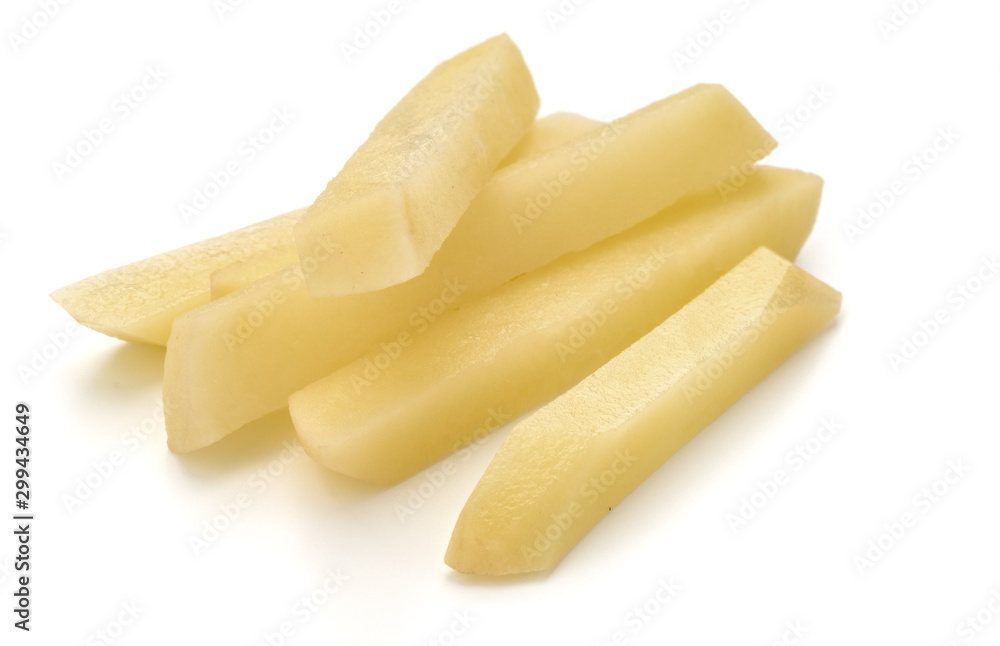 Raw Potato sliced strips prepared for French fries isolated on white background Raw Potato sliced strips prepared for French fries isolated on white background