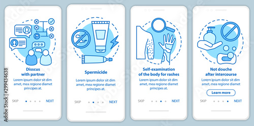 Safe sex onboarding mobile app page screen with linear concepts. Four walkthrough steps graphic instructions. Self-examination of body for rashes. UX, UI, GUI vector template with illustrations