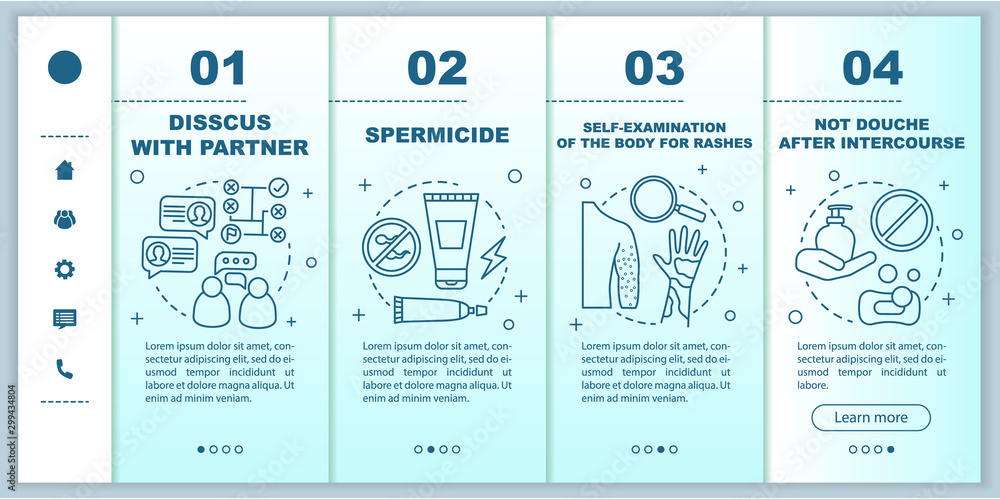 Safe sex onboarding mobile web pages vector template. Discuss with partner. Responsive smartphone website interface idea with linear illustrations. Webpage walkthrough step screens. Color concept