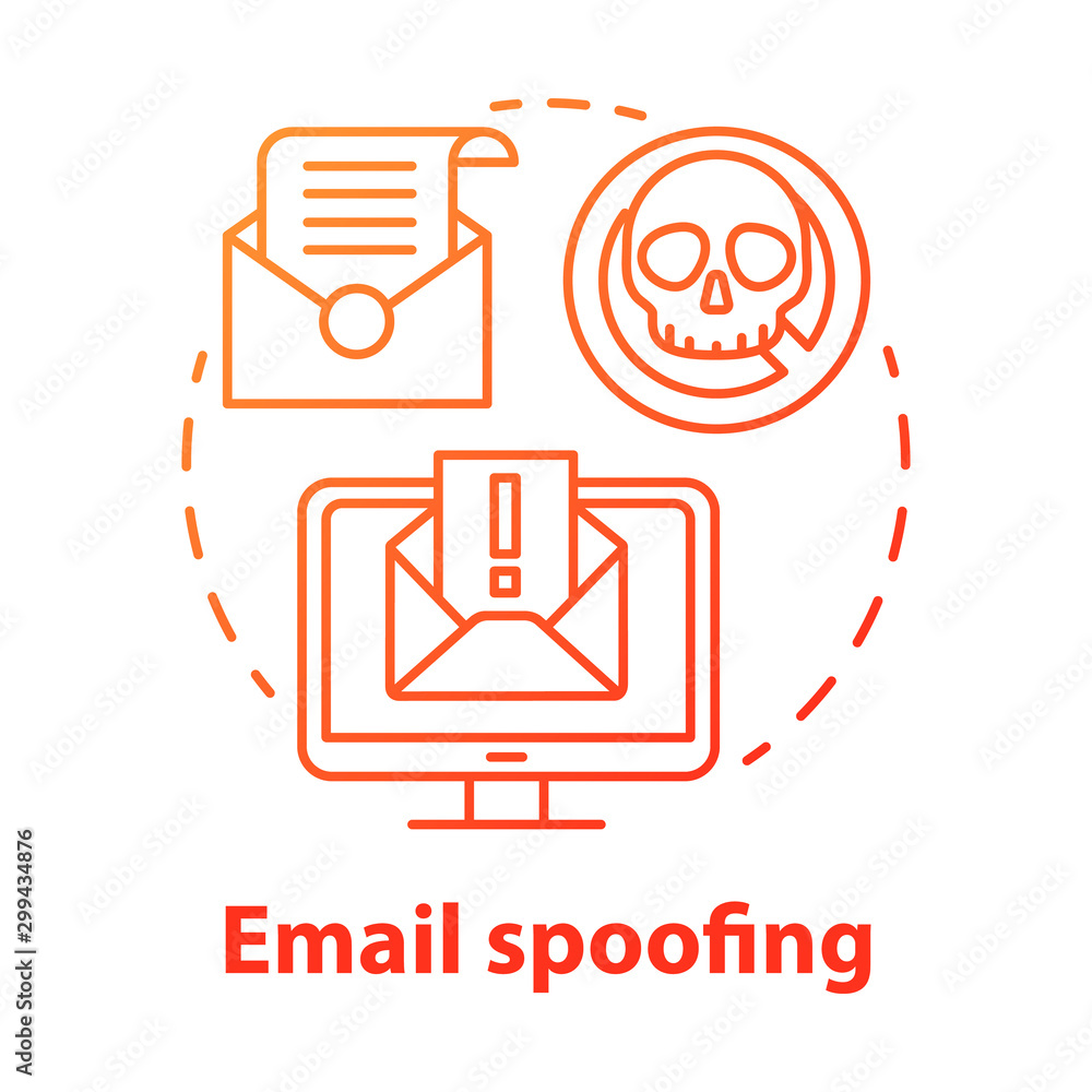 Email spoofing concept icon. Spam and virus protection. Phishing via internet. Hacking victim account. Cybercrime, fraud idea thin line illustration. Vector isolated outline drawing Email spoofing concept icon. Spam and virus protection. Phishing via internet. Hacking victim account. Cybercrime, fraud idea thin line illustration. Vector isolated outline drawing