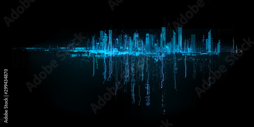 Plakat Futurystyczne wieżowce w przepływie. Przepływ danych cyfrowych. miasto przyszłości. Ilustracja 3D. Renderowanie 3D Banner futurystyczne miasto
