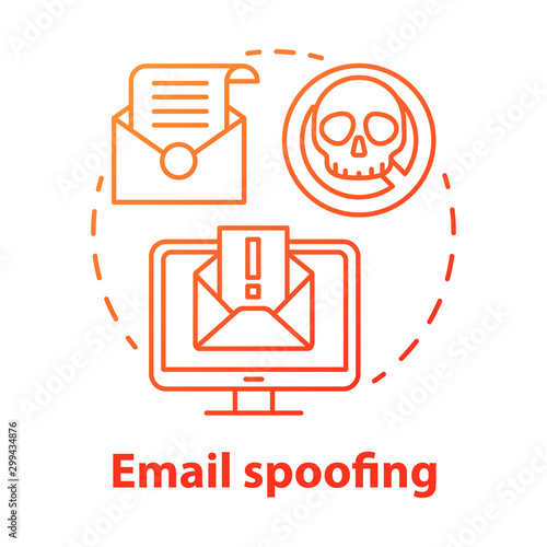 Email spoofing concept icon. Spam and virus protection. Phishing via internet. Hacking victim account. Cybercrime, fraud idea thin line illustration. Vector isolated outline drawing